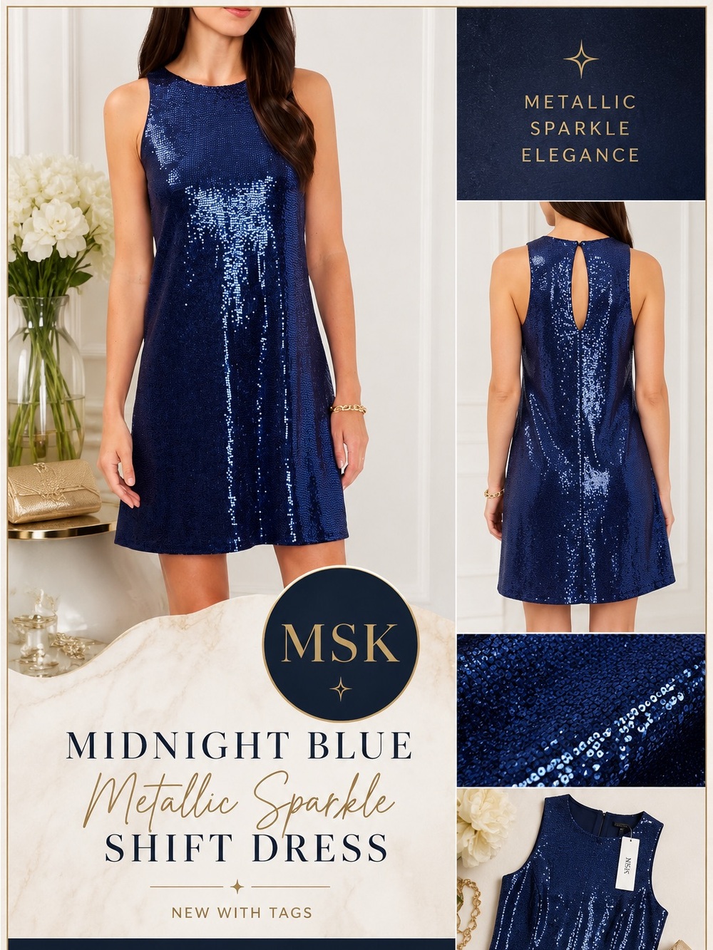 MSK Midnight Blue Sparkle Shift Dress NWT Size Small Keyhole Back Party Dress - Picture 2 of 7